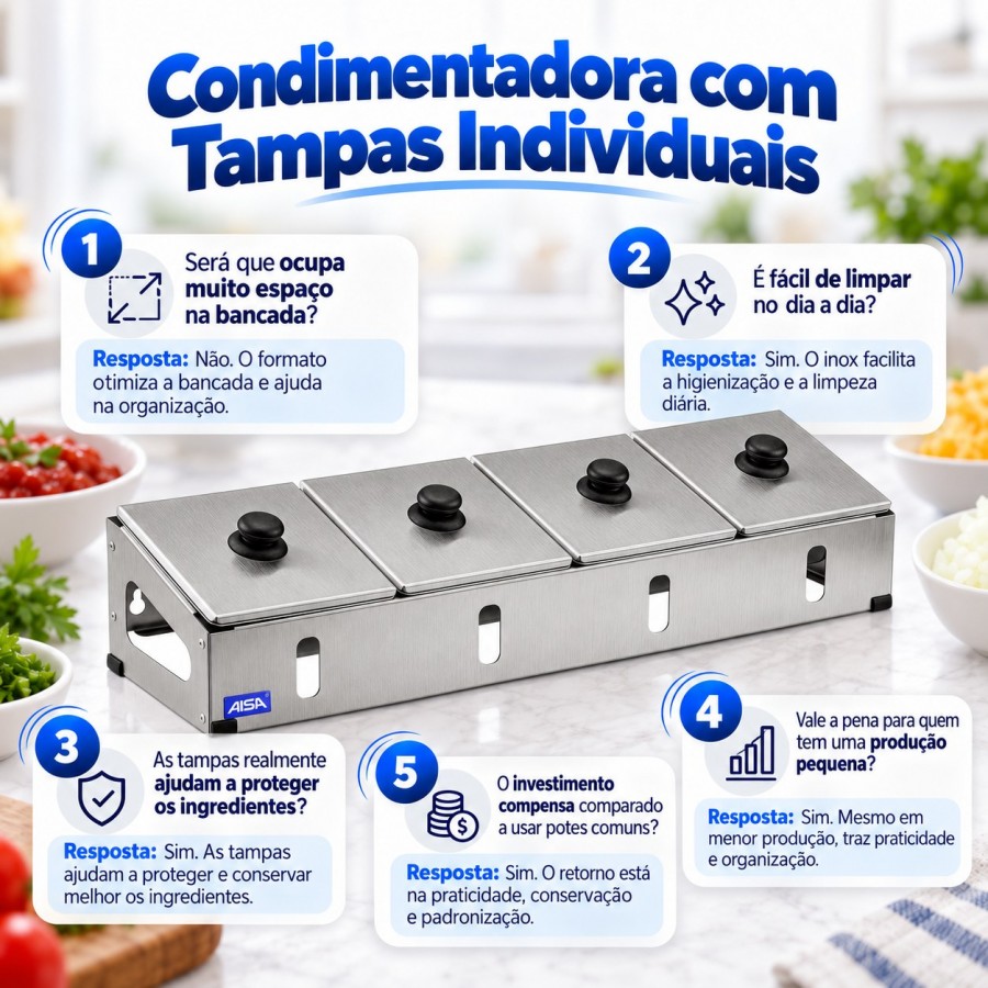 Condimentadora Pizzarola Inox 4 Cubas Inox Tampa Individual - Aisa